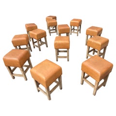 Oak and Cognac Leather Stools or Chairs in the Style of Jean-Michel Frank