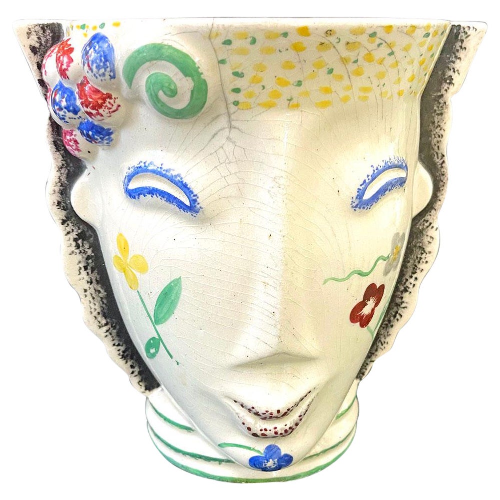 "Face Jar in Cream, Blue and Yellow, " Fabulous Art Deco Pottery by Woman Artist For Sale
