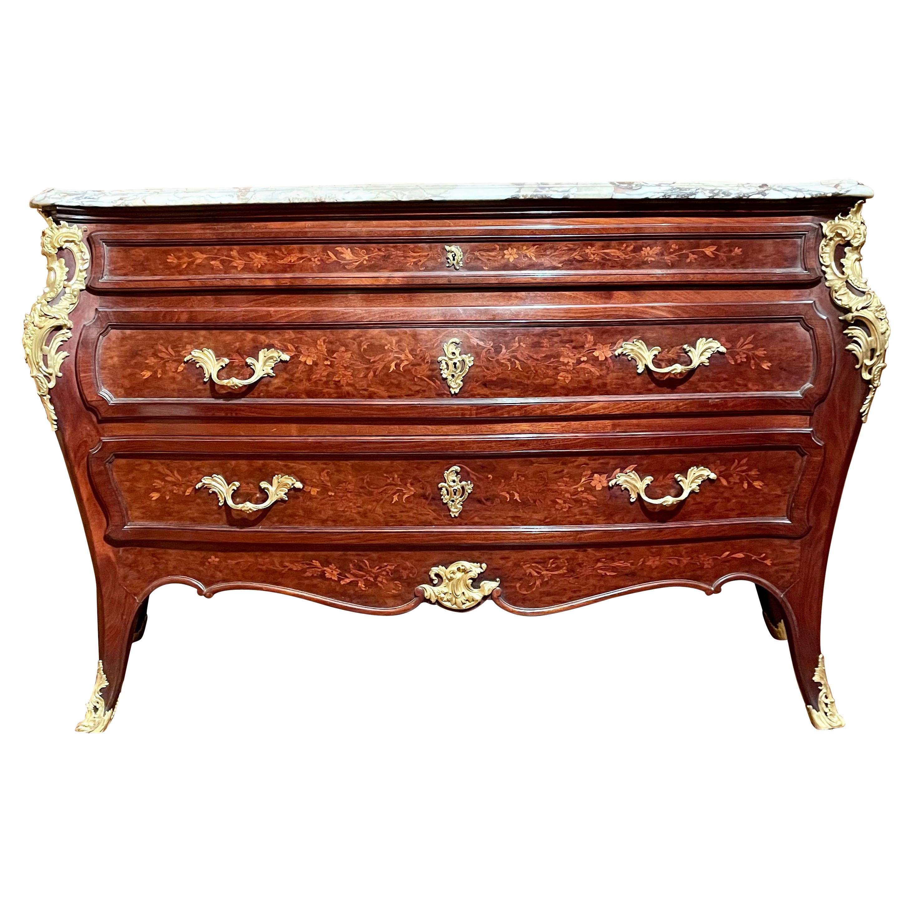 Antique French "P. H. Remon, Paris" Gold Bronze, Marble & Mahogany Bombe Commode For Sale
