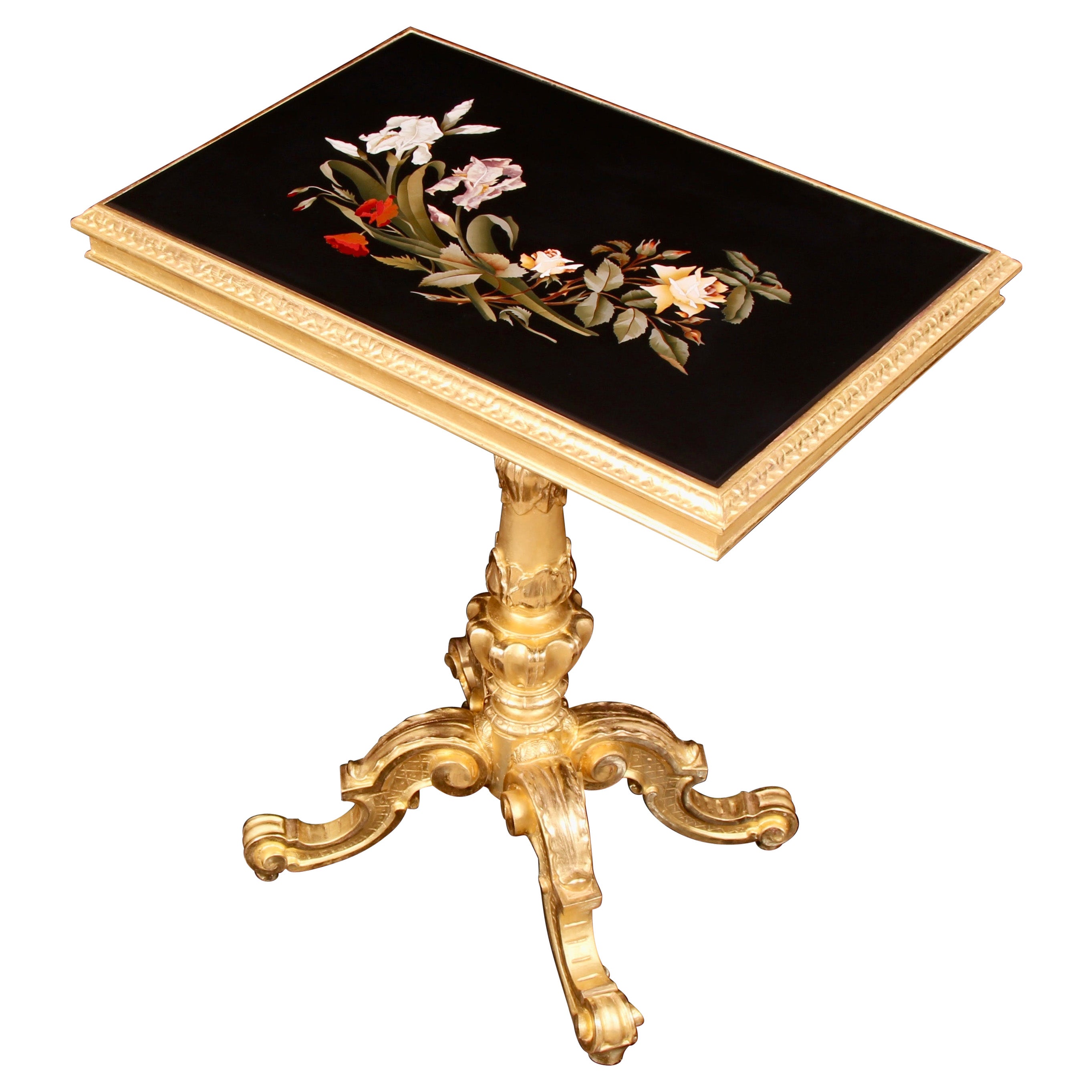 19th Century Pietra Dura Marble Giltwood Table For Sale