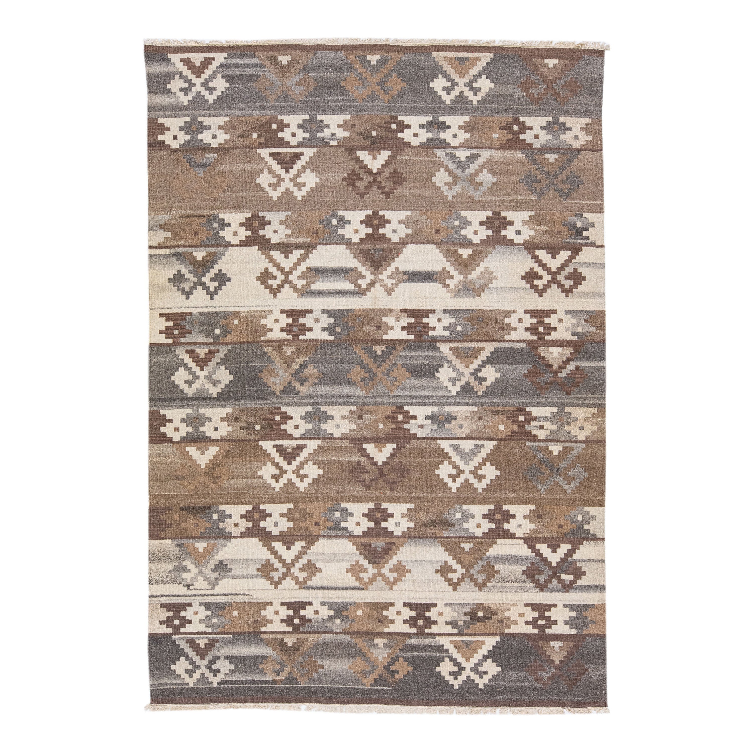 Modern Kilim Brown Flat-Weave Geometric Wool Rug For Sale