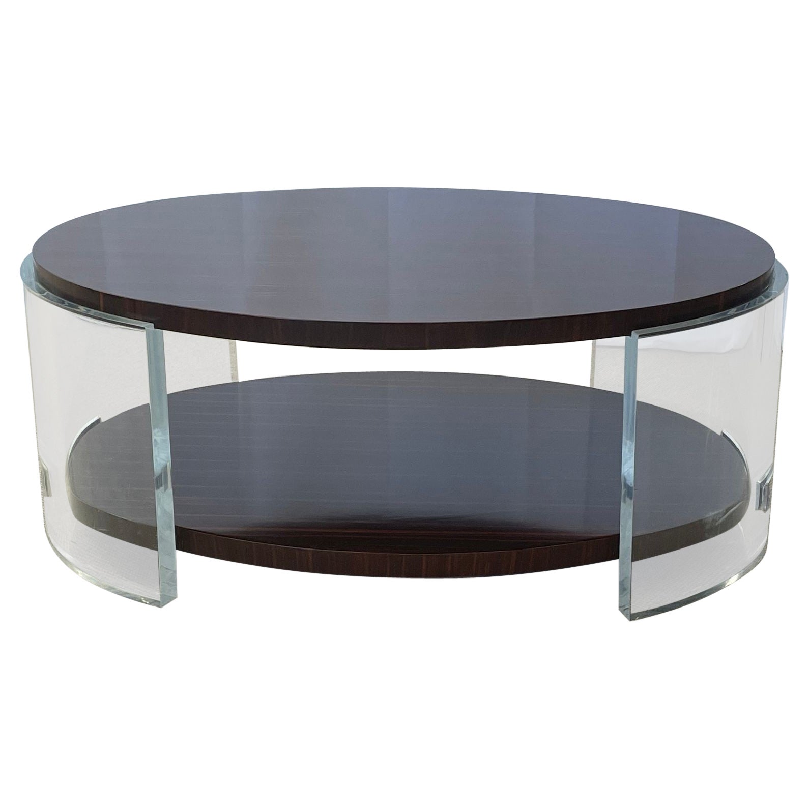 Table basse ovale en lucite d'ébène de Macassar et acrylique, table à cocktail, Jonathan Franc