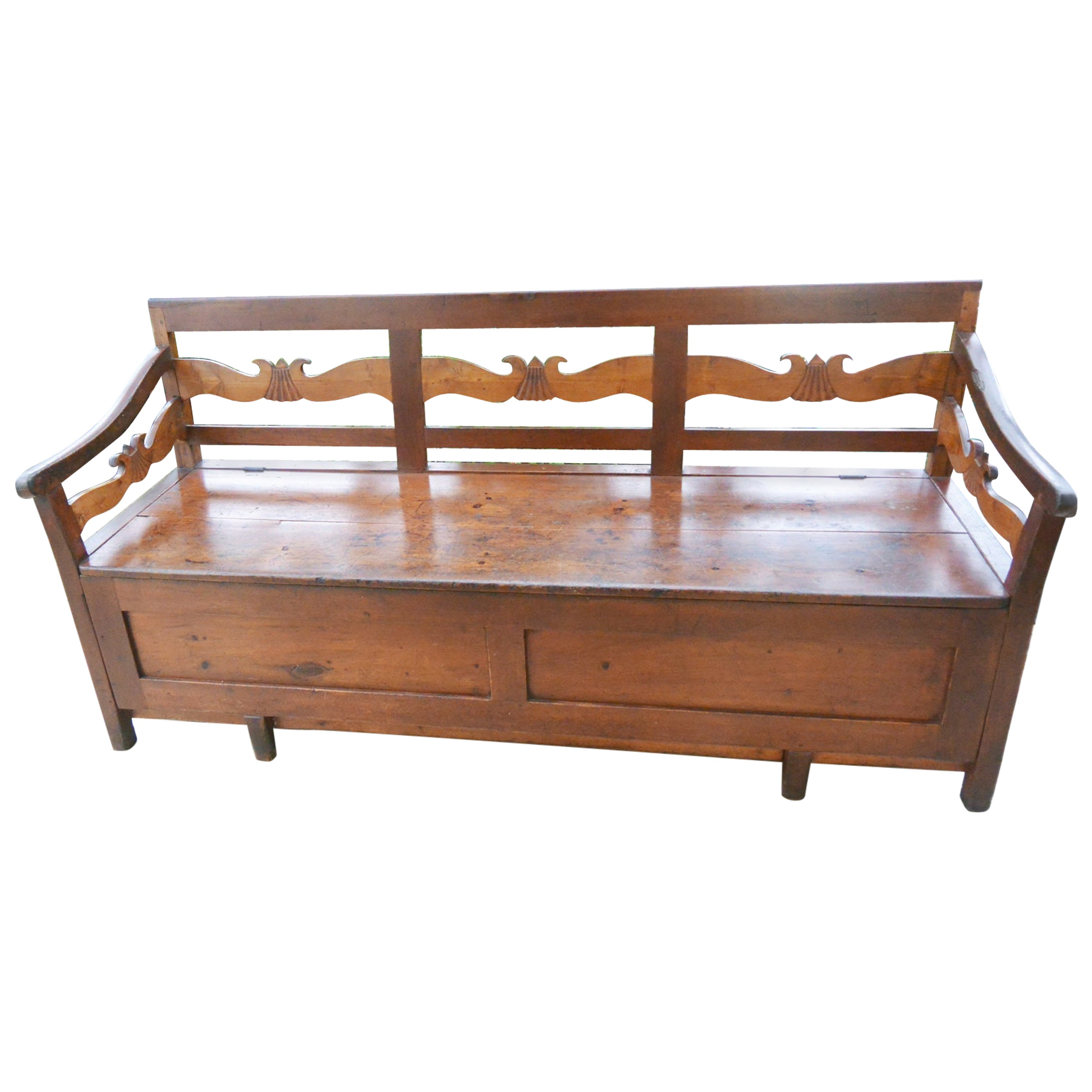 Swedish Mid 19th Century Carved Country Bench Seventy Three Inches Long For Sale