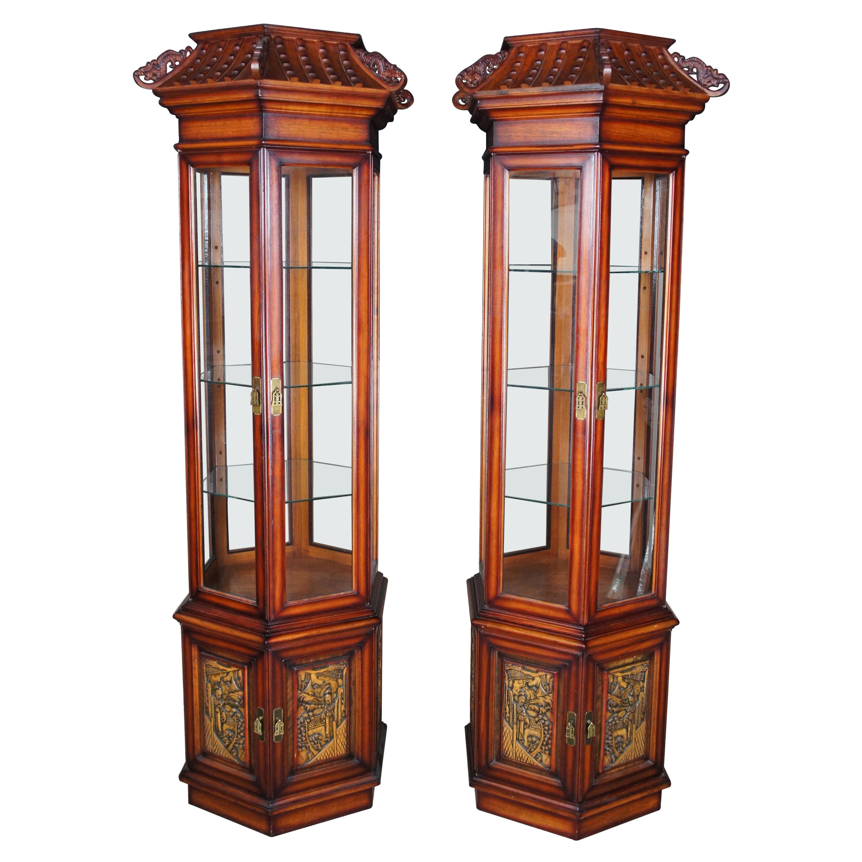 2 Japanese Red Oak Dragon Carved Hexagonal Pagoda Vitrine Curio Display Cabinets For Sale