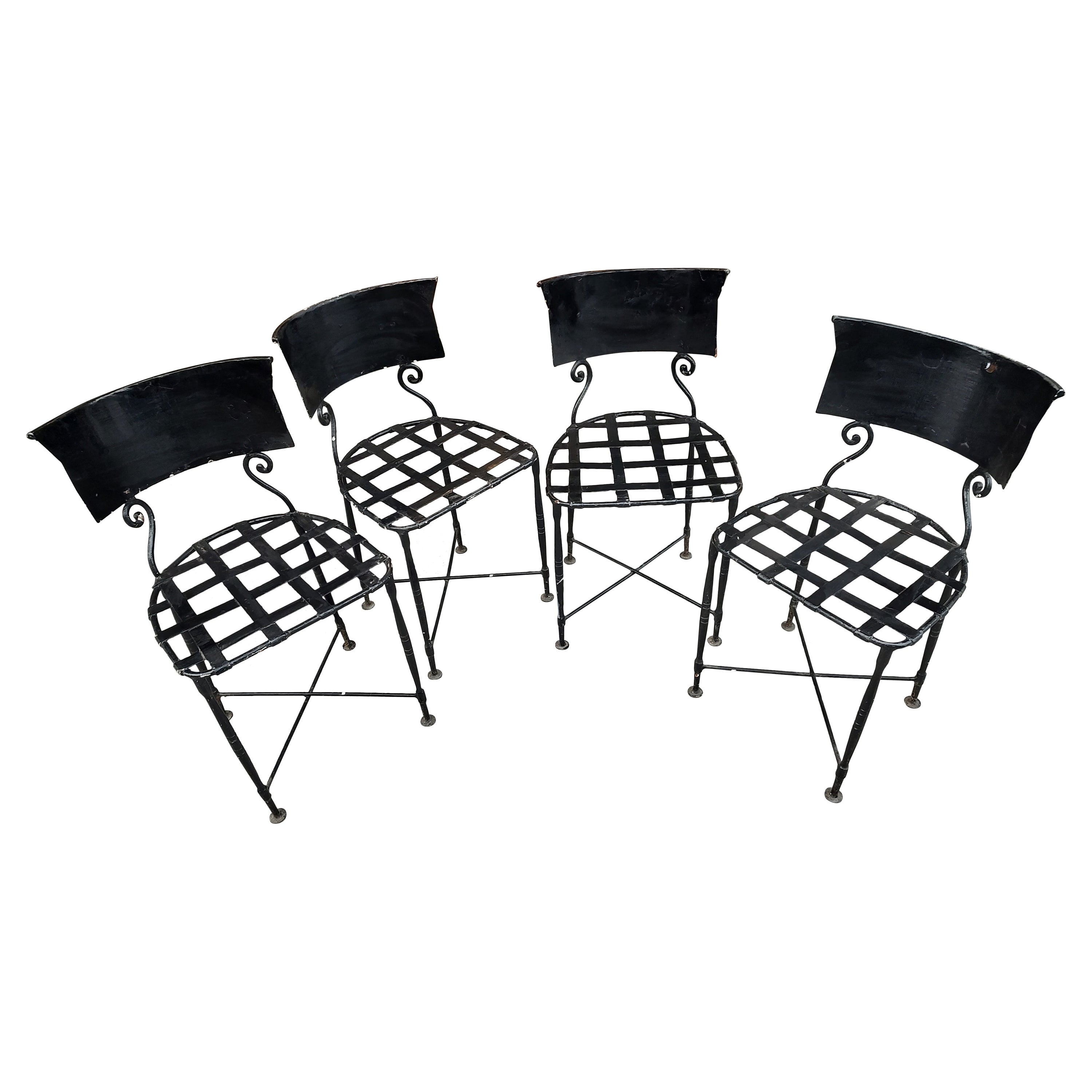 Early 20thc Hand Hammered Wrought Iron Set of 4 French Garden Patio Chairs For Sale 6