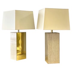 Travertine and Brass Pair of Large Table Lamps
