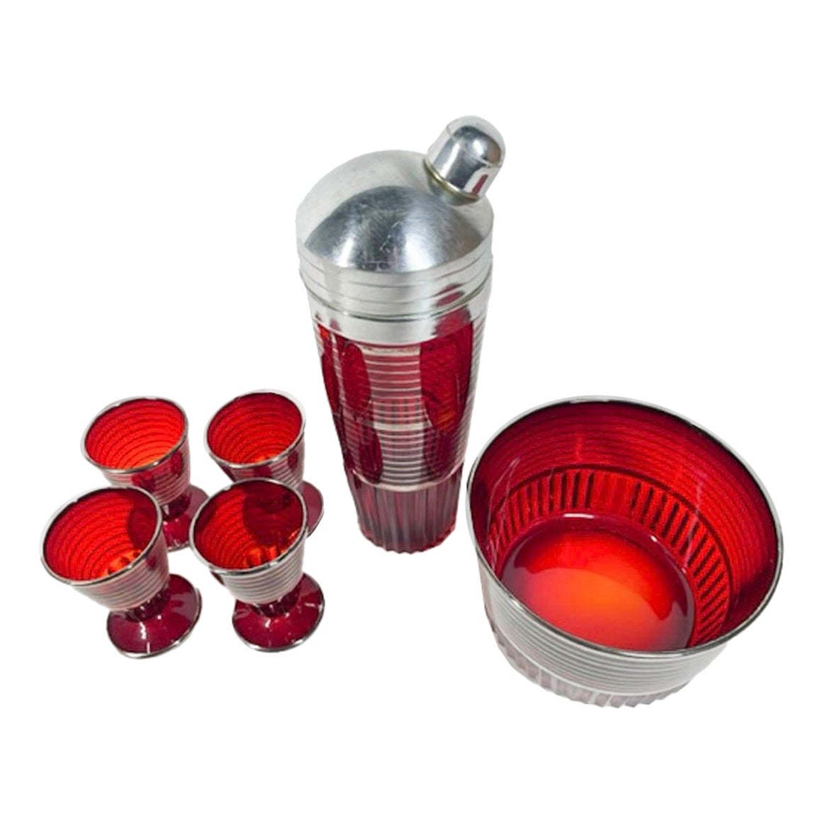 Art Deco, Paden City Glass, Cocktail Shaker Set in Ruby Glass W/Silver Bands