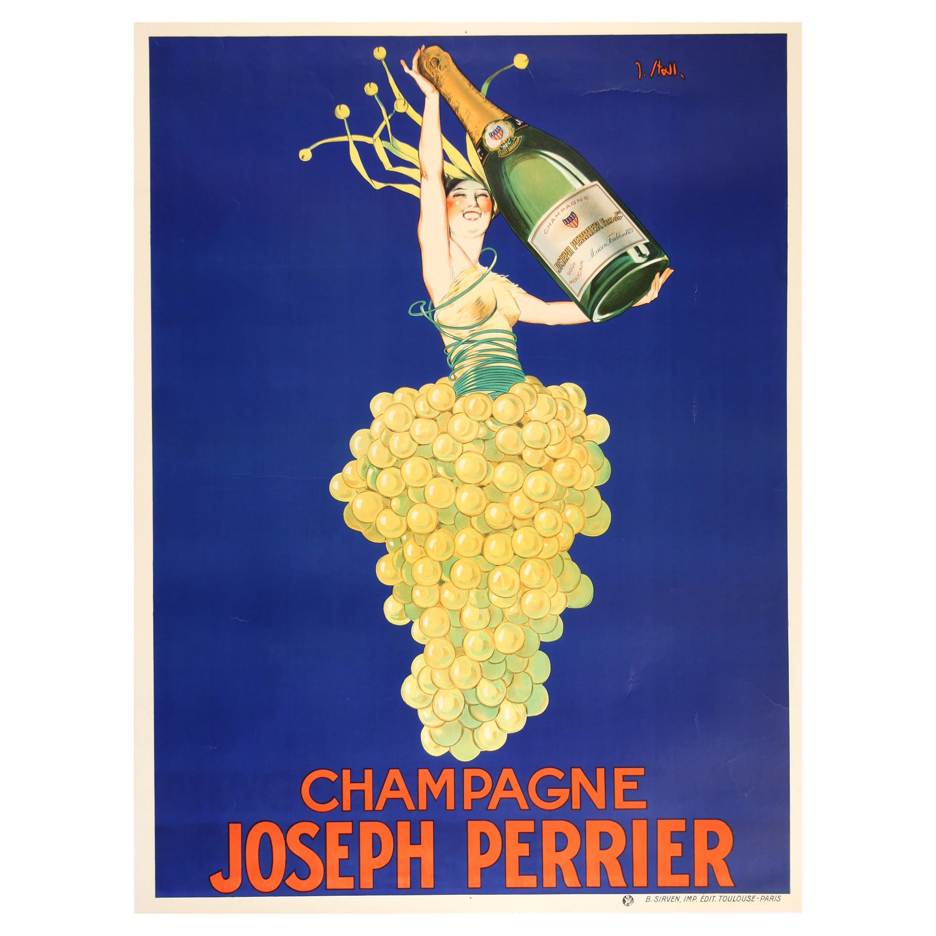 Affiche publicitaire vintage Champagne French Alcohol de Joseph Perrier, C1930, Stall en vente