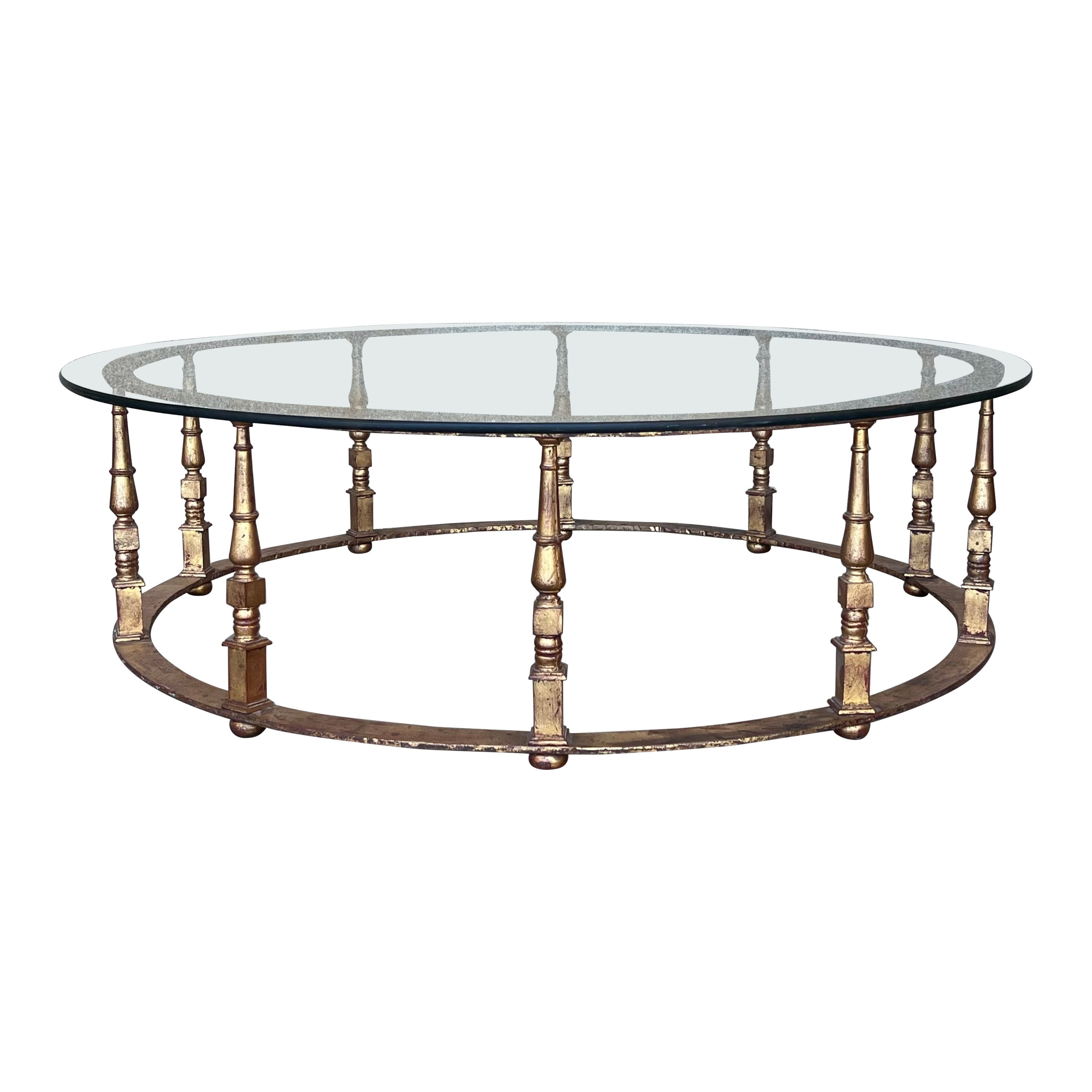 Maison Ramsay Style Round Iron Coffee Table Gold Leaf Finishing with Glass Top