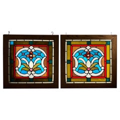 Late 19th Century Pair of Antique Stained Glass Window with Jewels Wood Frame