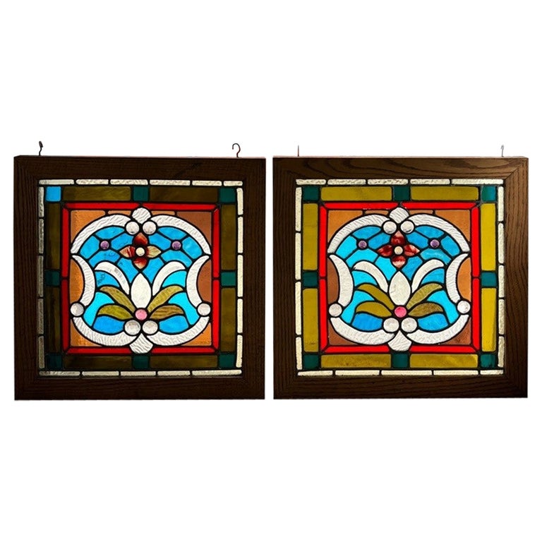 Late 19th Century Pair of Antique Stained Glass Window with Jewels Wood