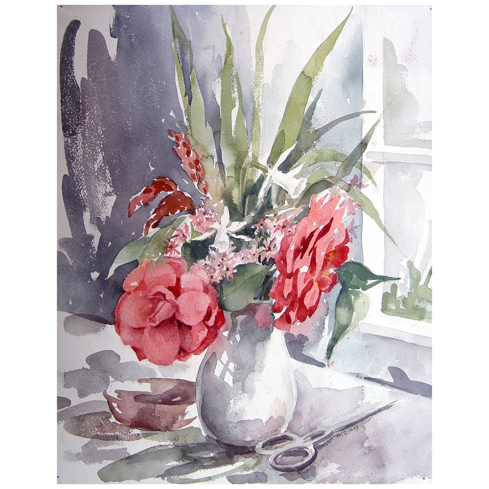 Vintage Flowers at the Window Still Life Watercolor Painting For Sale