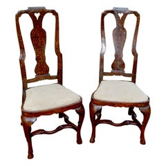 Dutch Early 18th Century Pair of Side Chairs Walnut with Marquetry Inlay