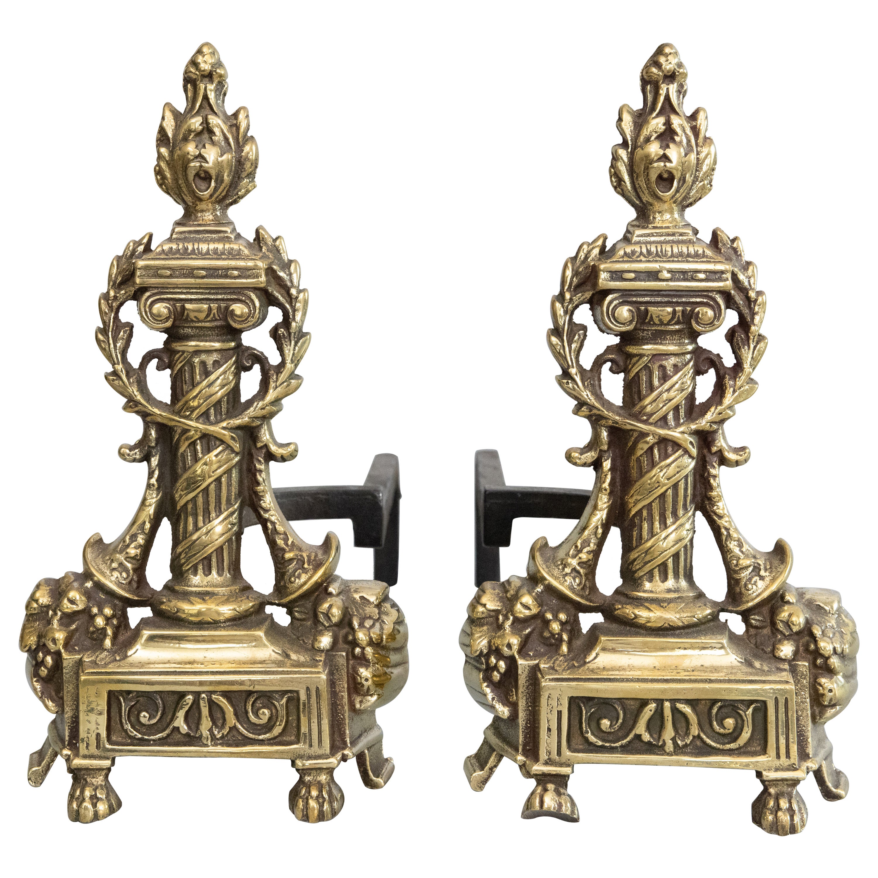 Pair of English Neoclassical Style Brass Andirons, Circa 1900 For Sale