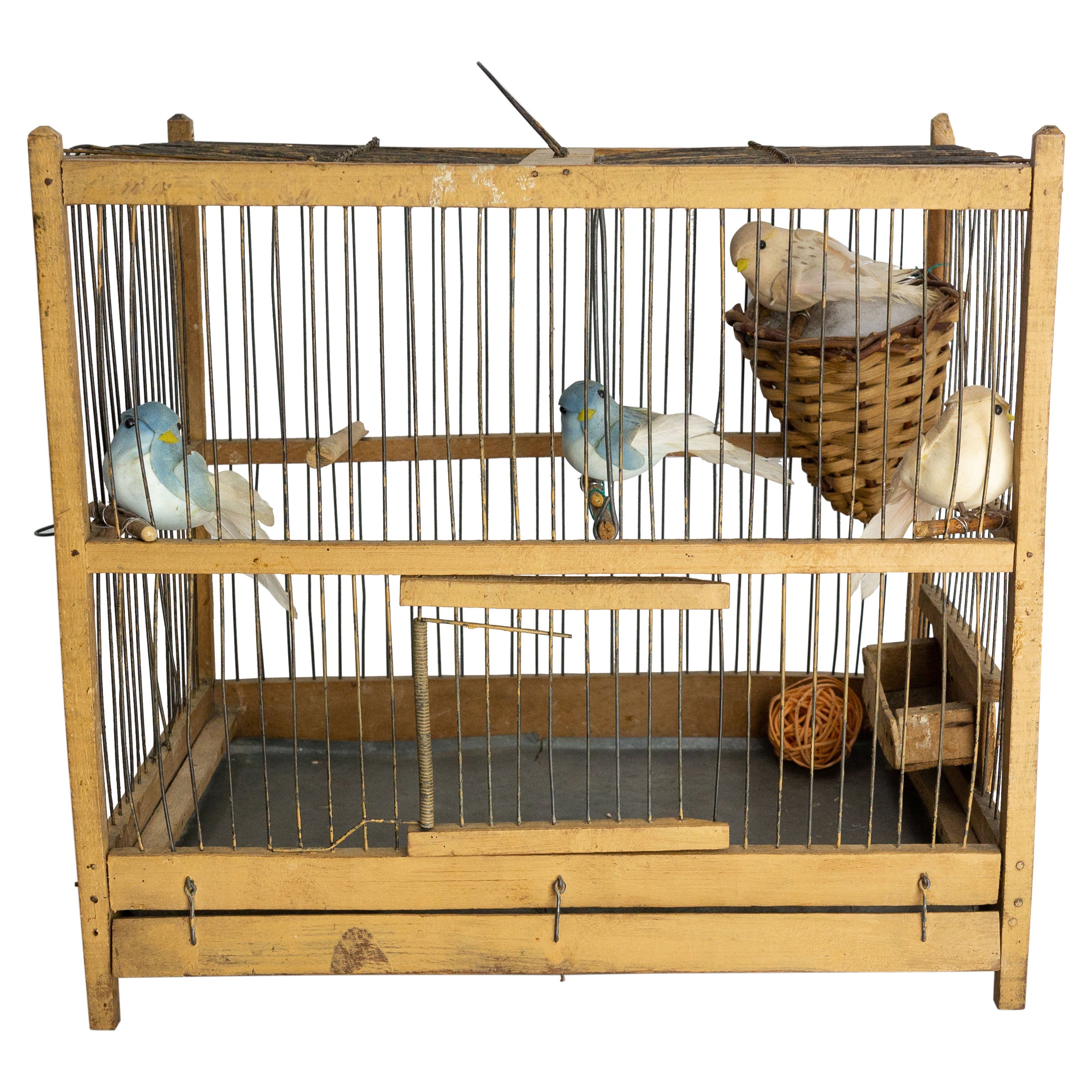 Cage à oiseaux en peuplier et en fer de style campagnard français ancien, vers 1900