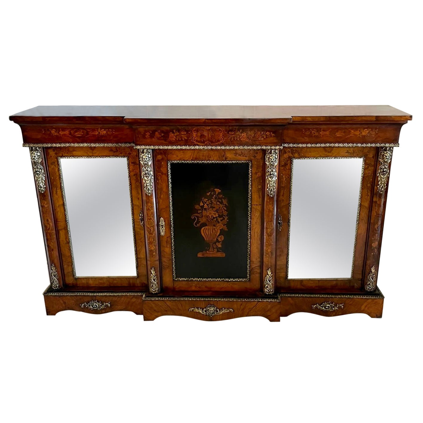 Outstanding Large Antique Inlaid Floral Marquetry Burr Walnut Credenza/Sideboard For Sale