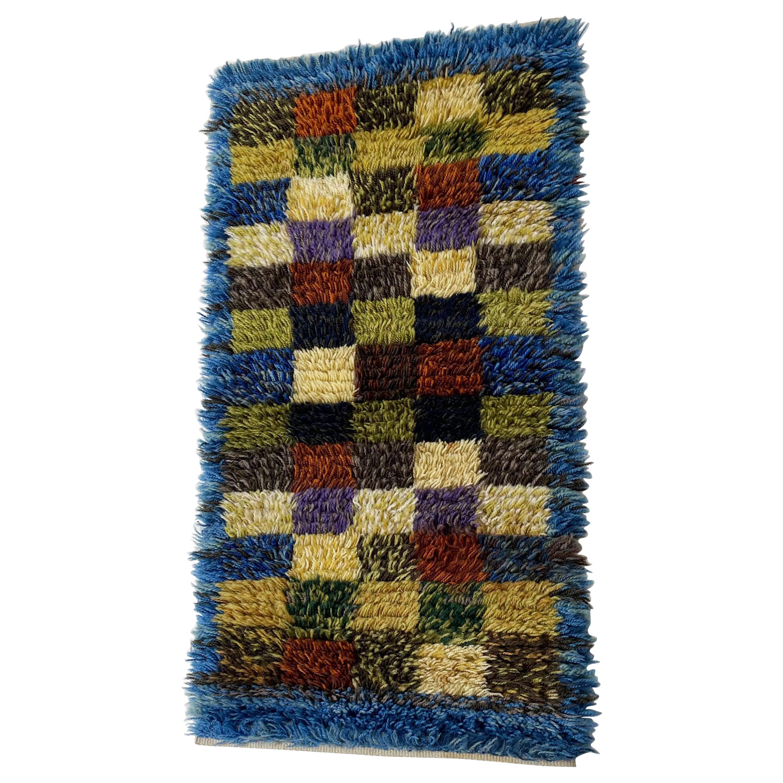 small Abstract Scandinavian High Pile Abstract Rya Rug Carpet, Sweden, 1960s For Sale