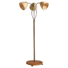 Swedish Designer, Floor Lamp, Brass, Wood, Rattan, Sweden, 1940s