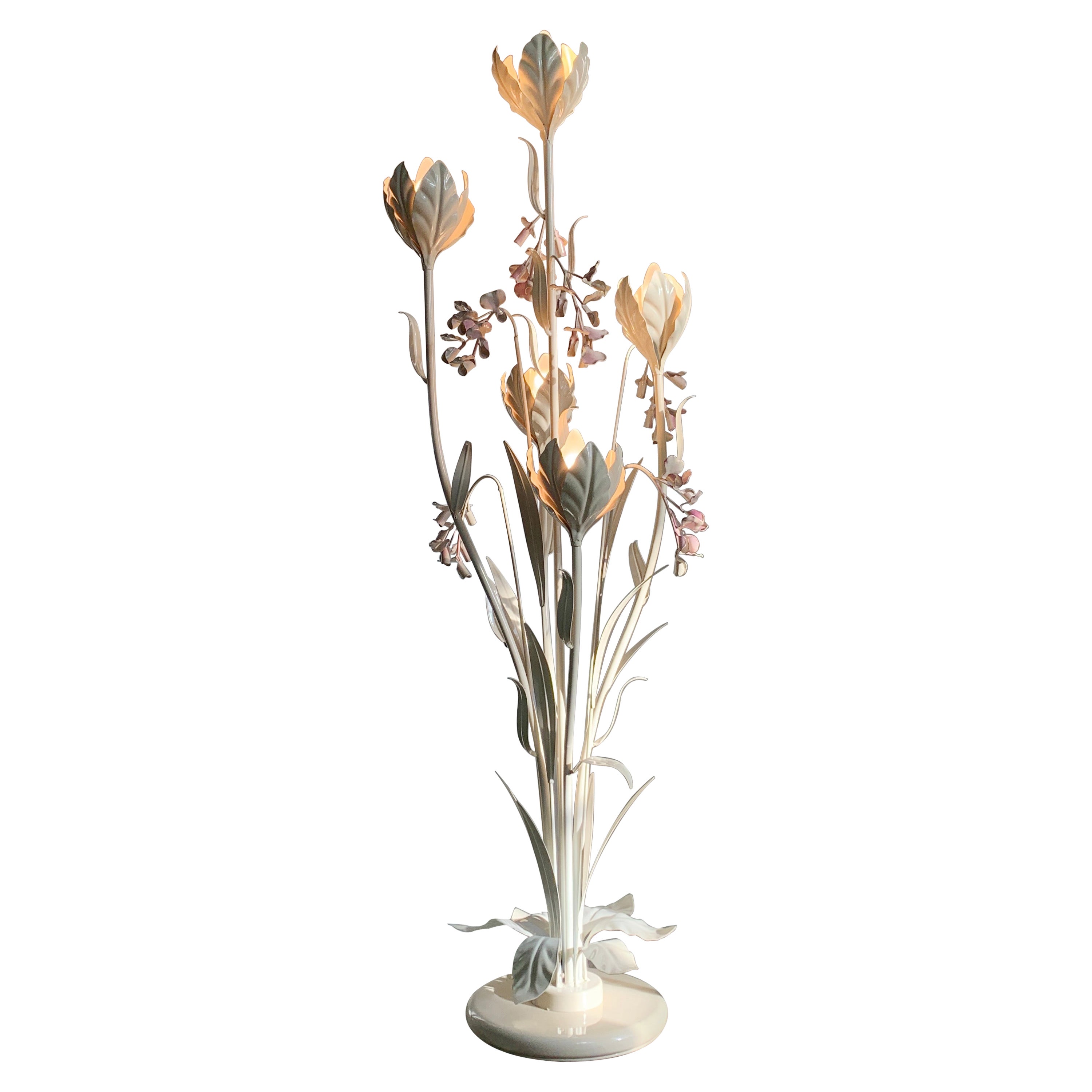 Hans Kogl Cream & Pink Flower Toleware Floor Lamp For Sale