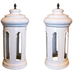 1970s Pair of Spanish Handmade Glazed Ceramic Standing Lantern