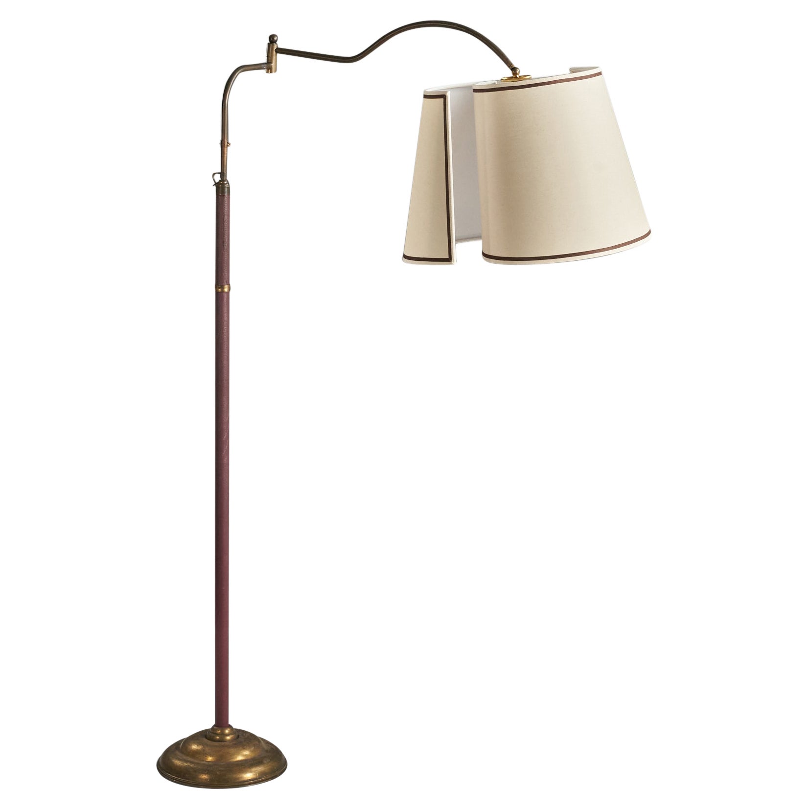 Italian Designer, Adjustable Floor Lamp, Brass, Fabric, Vinyl, Italy, 1940s For Sale