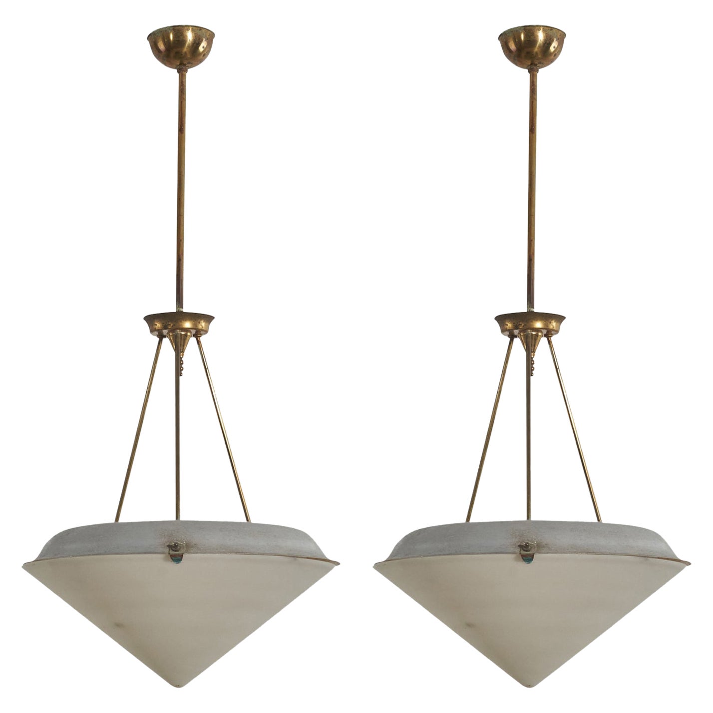 Italian Designer, Pendant Lights, Brass, Galvanized Steel, Glass, Italy, 1940s For Sale