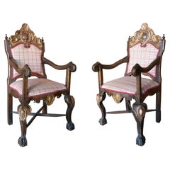17th Century Spanish Pair in Wooden Armchairs with Traces of Polychrome and Gold
