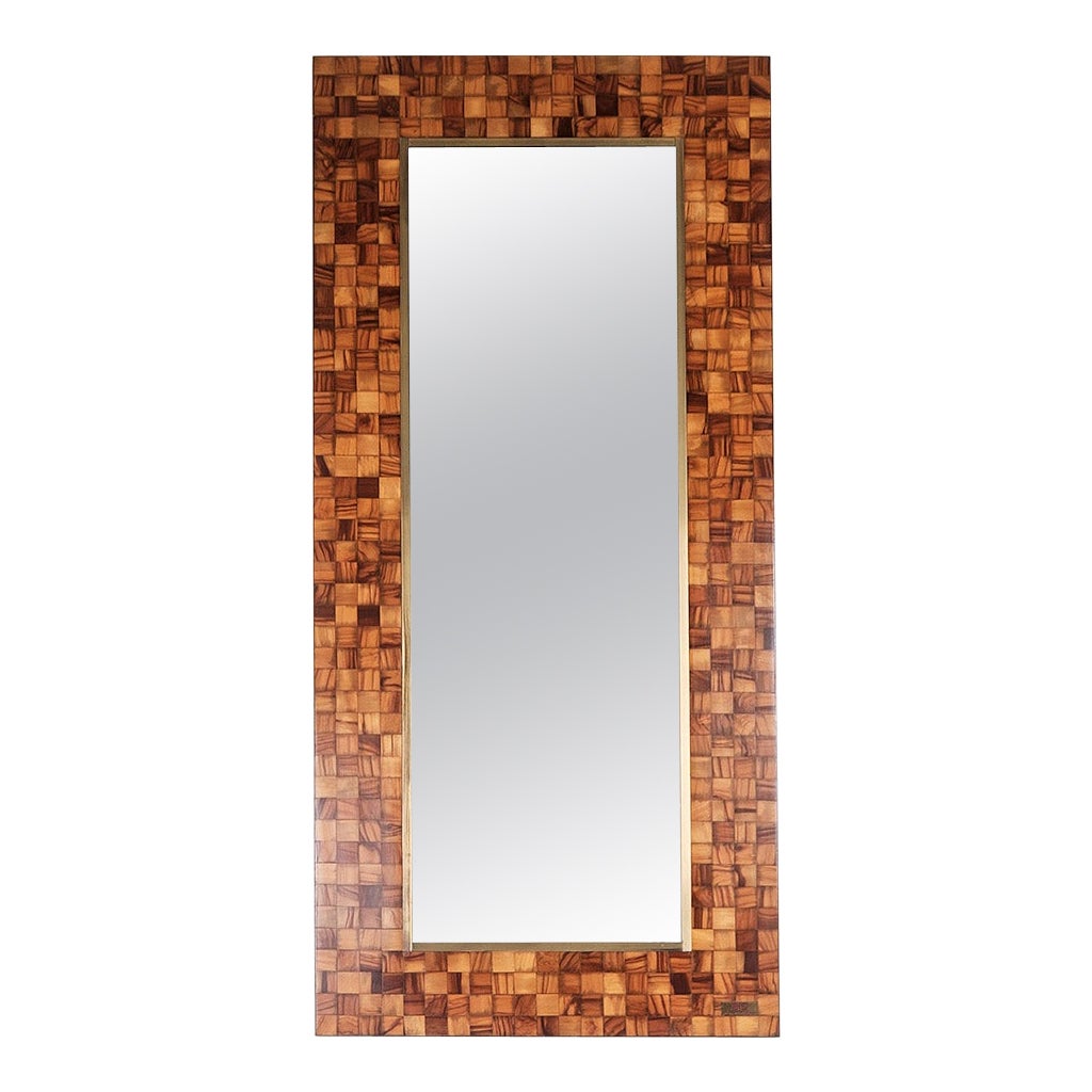 Olive Wood Marquetry & Brass Mirror by Sandro Petti, Italy 1970 For Sale