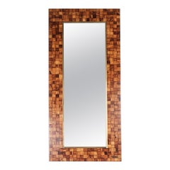 Vintage Olive Wood Marquetry & Brass Mirror by Sandro Petti, Italy 1970