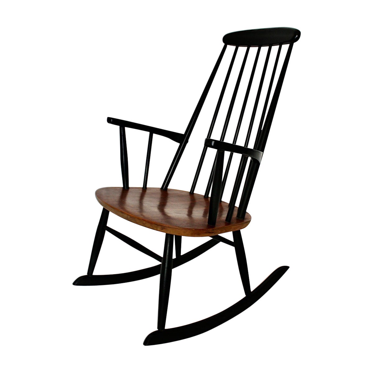 Scandinavian Modern Vintage Black Brown Wood Rocking Chair Ilmari Tapiovaara