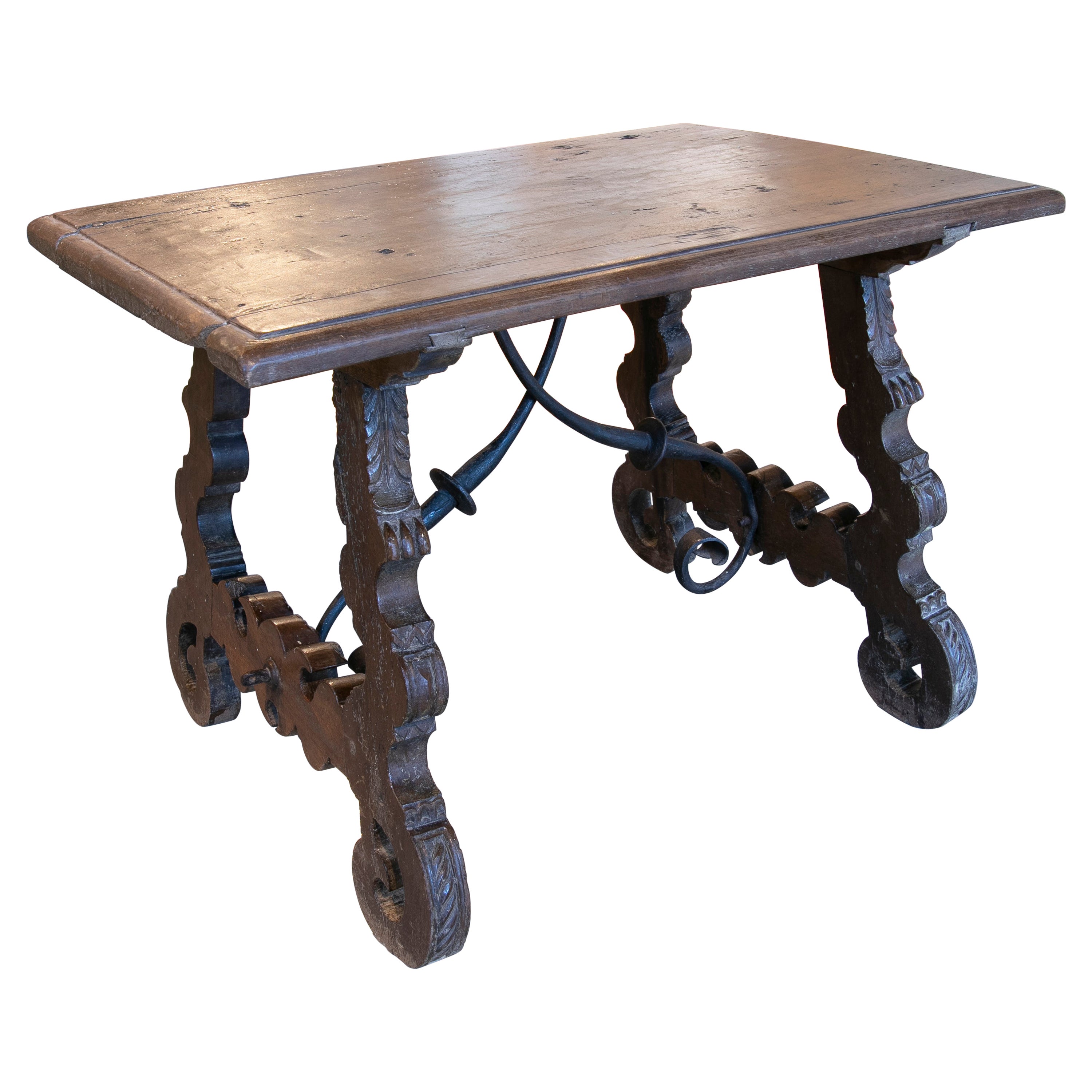 17th Century Spanish "Lyre Leg" Walnut Table with Original Crossed Ironwork For Sale