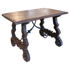 Antique 17th Century Spanish "Lyre Leg" Walnut Table with Original Crossed Ironwork