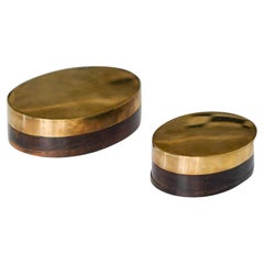 Pair of oval brass and wood boxes from the 1970s