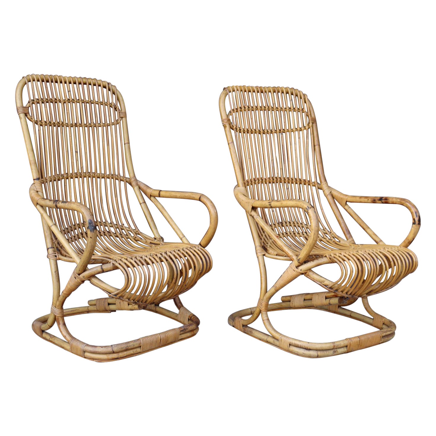 Pair of Rattan Armchairs by Tito Agnoli For Sale
