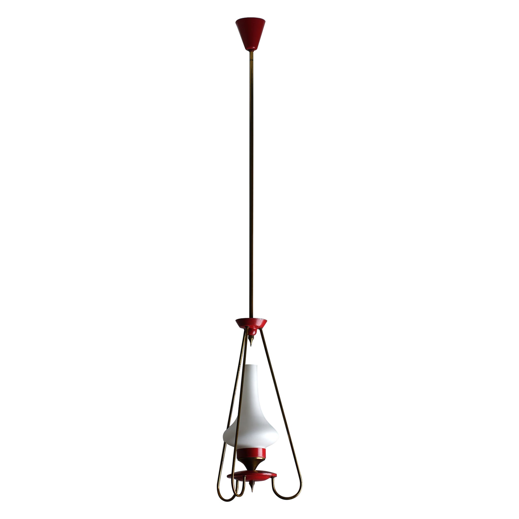 Italian Pendant Lamp in Brass, Red Metal and Opaline Glass, 1950s