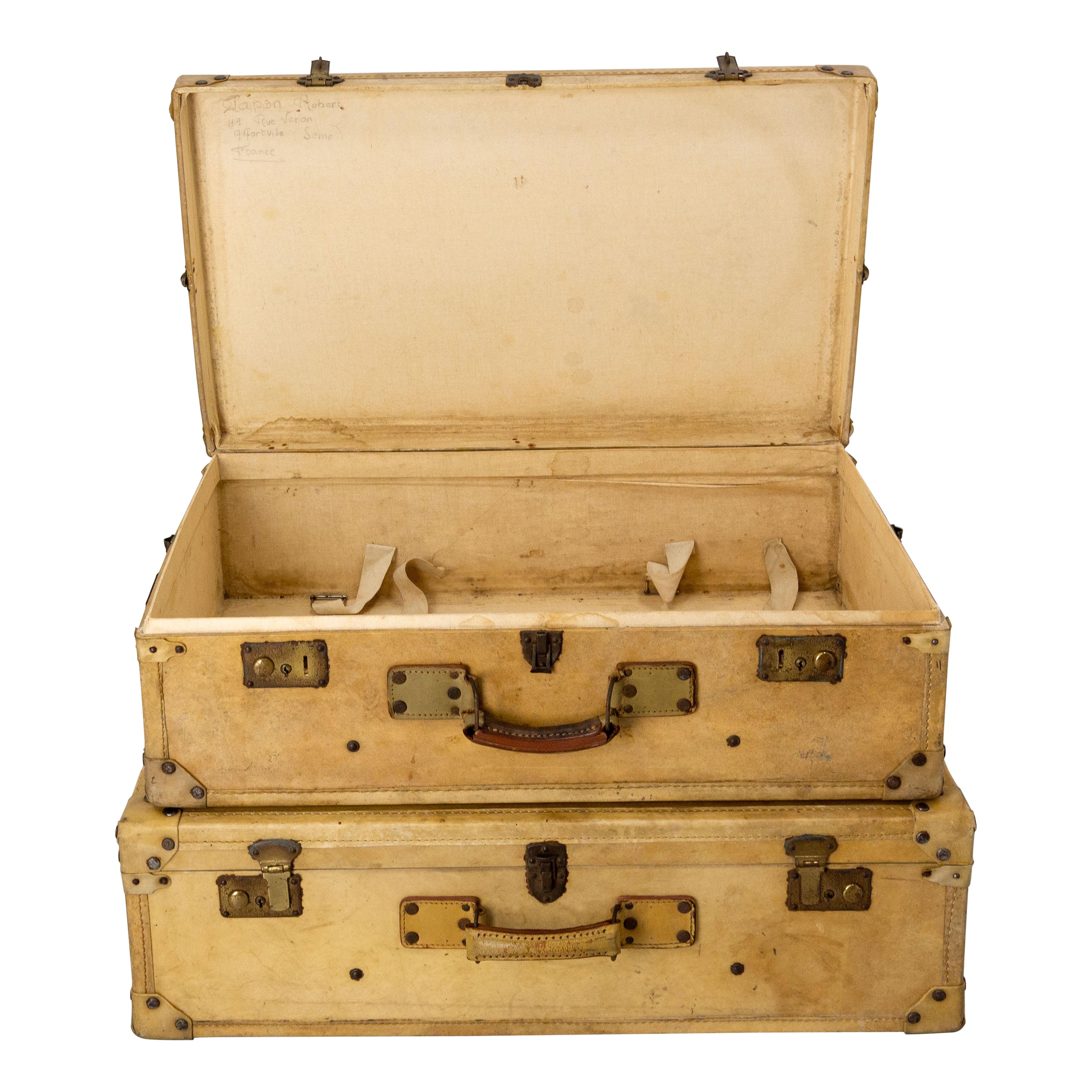 French Pair of Parchment Suit Cases Trunks, circa 1930