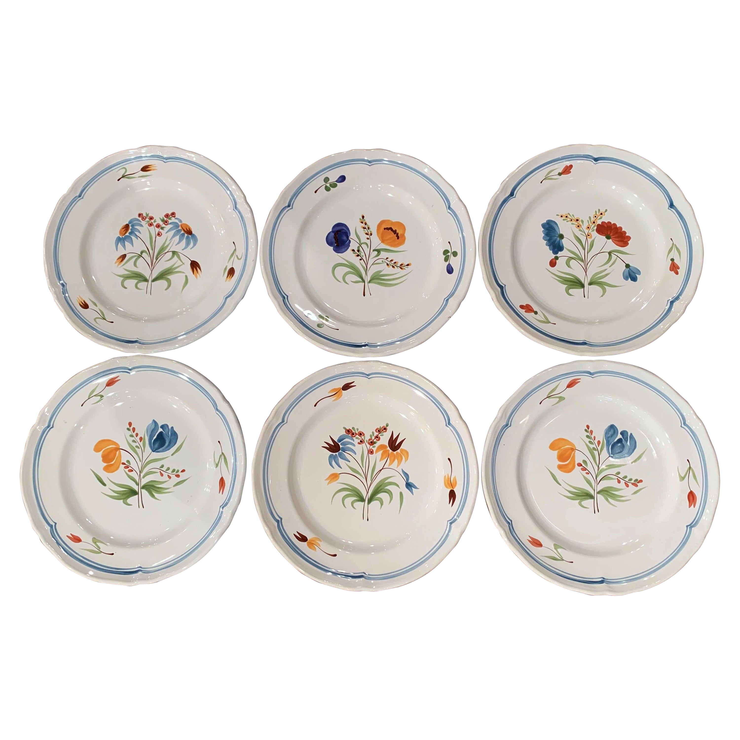 Set of Six French Hand Painted Ceramic Floral Plates from Brittany For Sale