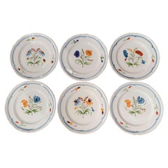 Set of Six French Hand Painted Ceramic Floral Plates from Brittany