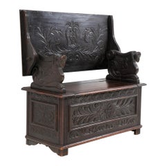 Oak Hand-Carved Monk's Bench, 1900s