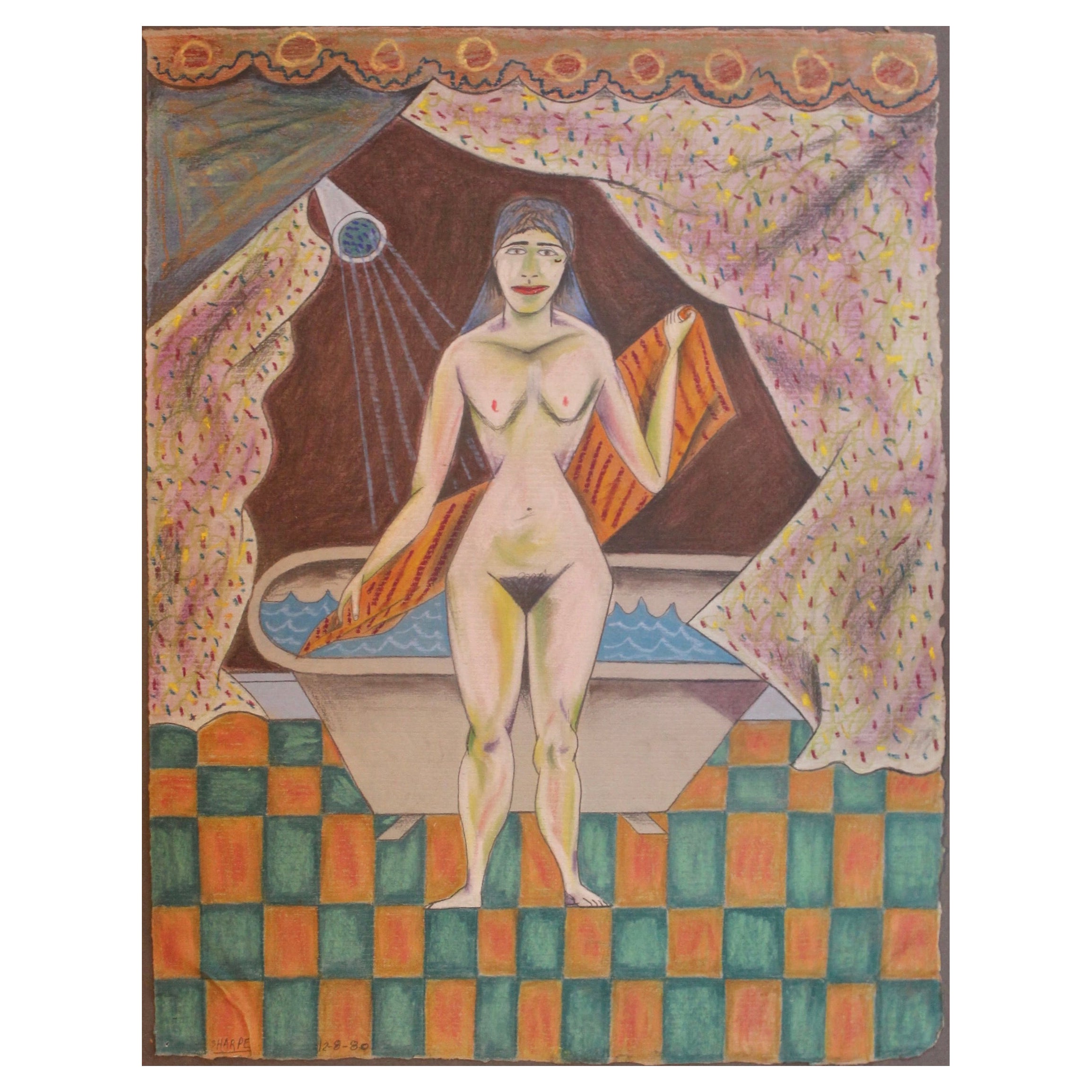 David Sharpe 1980 Pastel 'Woman Drying Herself' For Sale