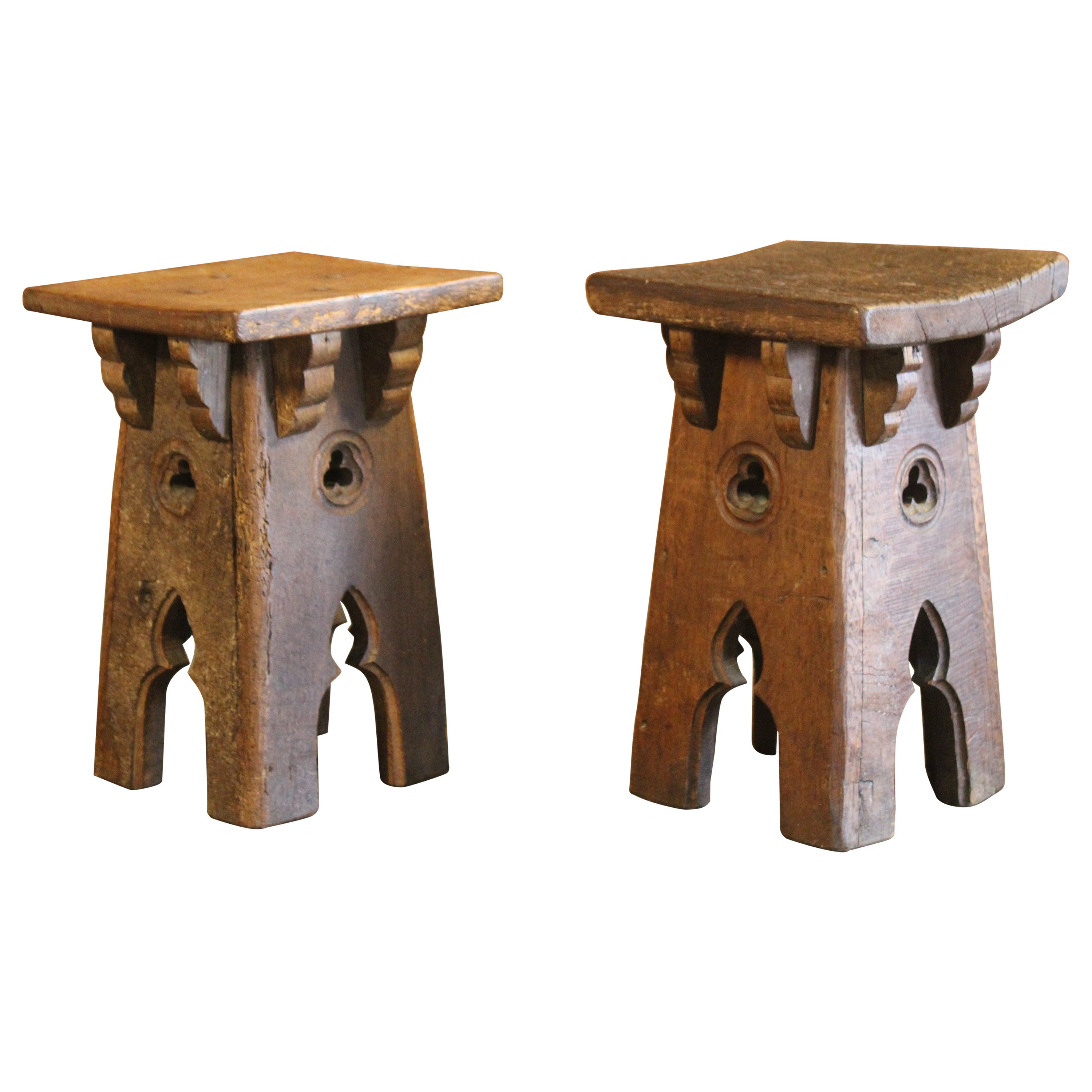 Pair of Antique Oak Gothic Revival French Stools