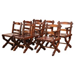 Vintage Spanish Carved Oak and Leather Dining Sidechairs & Armchairs, Set of 8