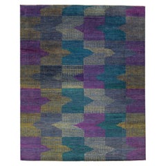 Moderner handgefertigter Savannah-Wollteppich mit mehrfarbigem, geometrischem Muster