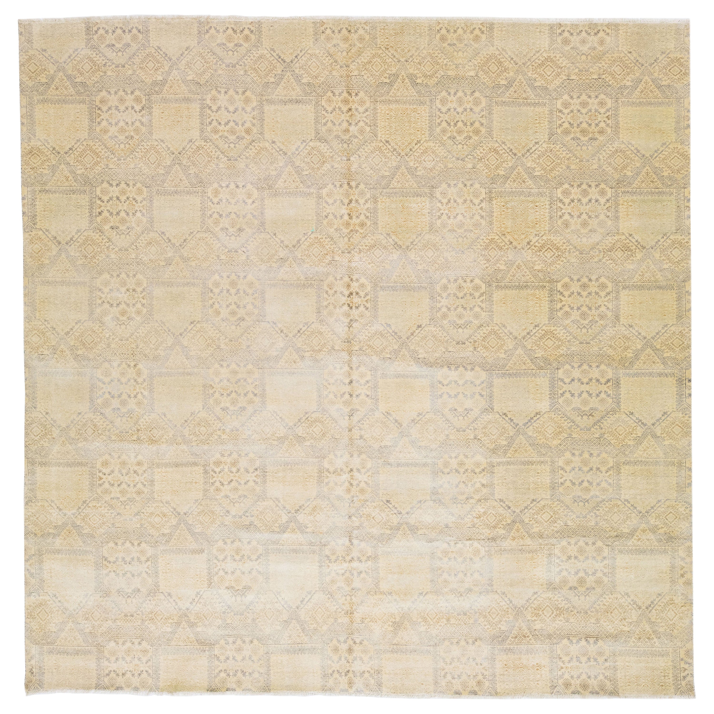 Modern Handmade Beige Square Wool Rug with Geometric Pattern For Sale