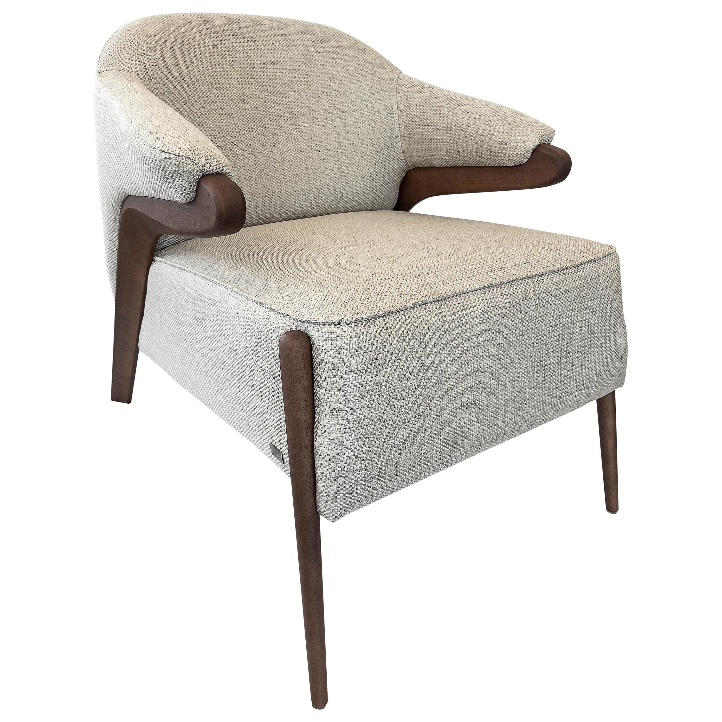 Osa Upholstered Armchair in Walnut Wood Finish Frame and Beige Fabric For Sale