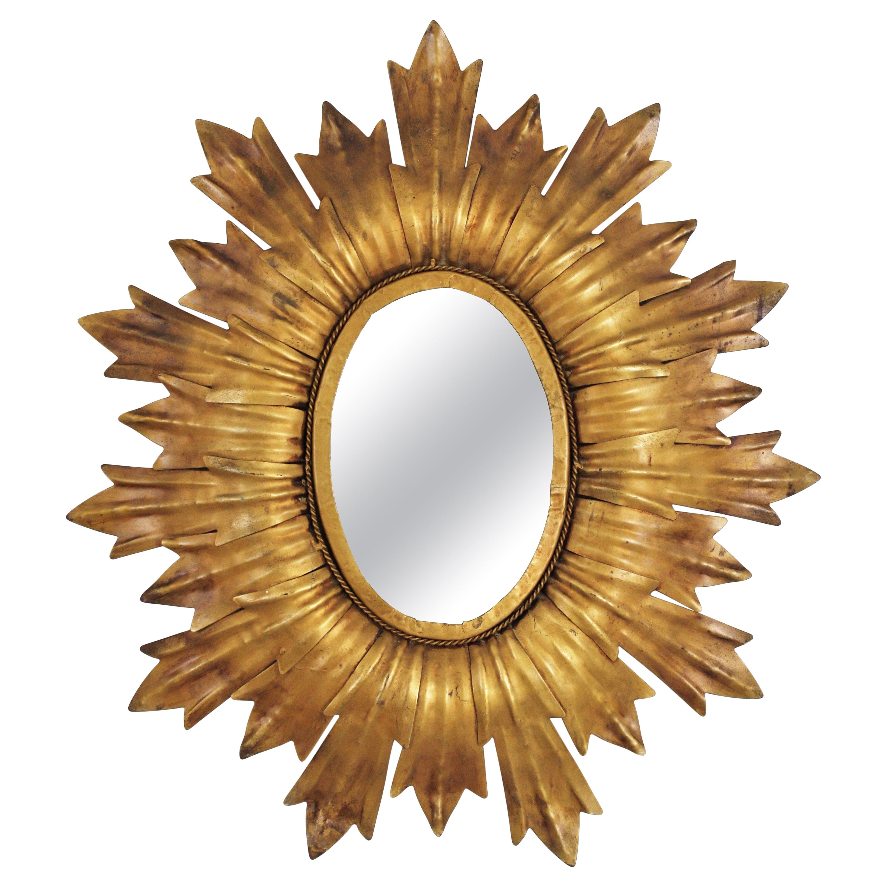 Sunburst Oval Mirror in Gilt Metal with Leafed Frame, France, 1960s For Sale