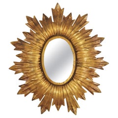 Sunburst Oval Mirror in Gilt Metal with Leafed Frame, France, 1960s