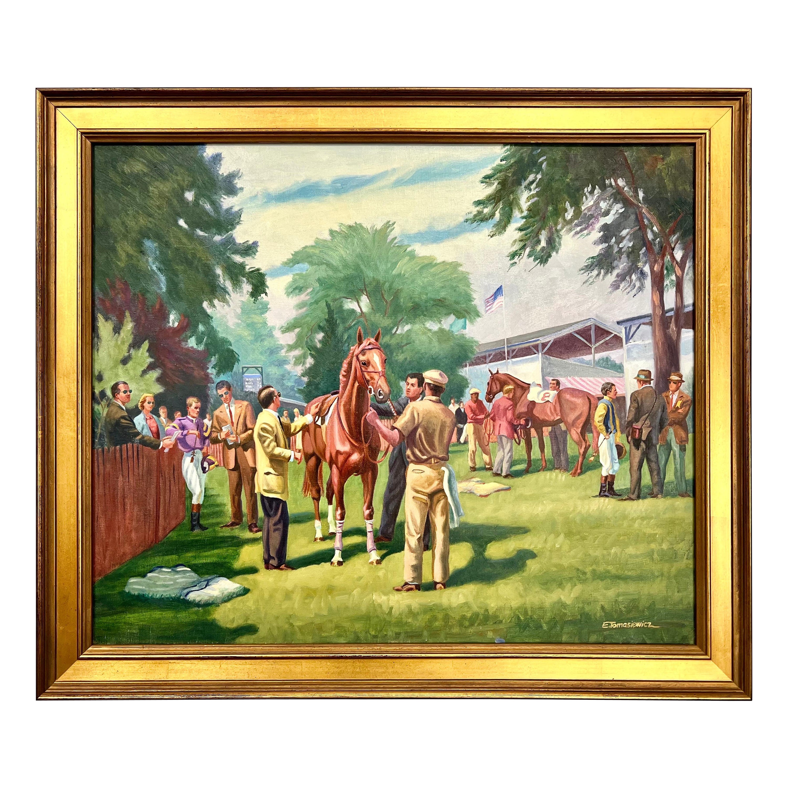 Original Signed Oil Painting Before the Steeplechase Horse Race For Sale