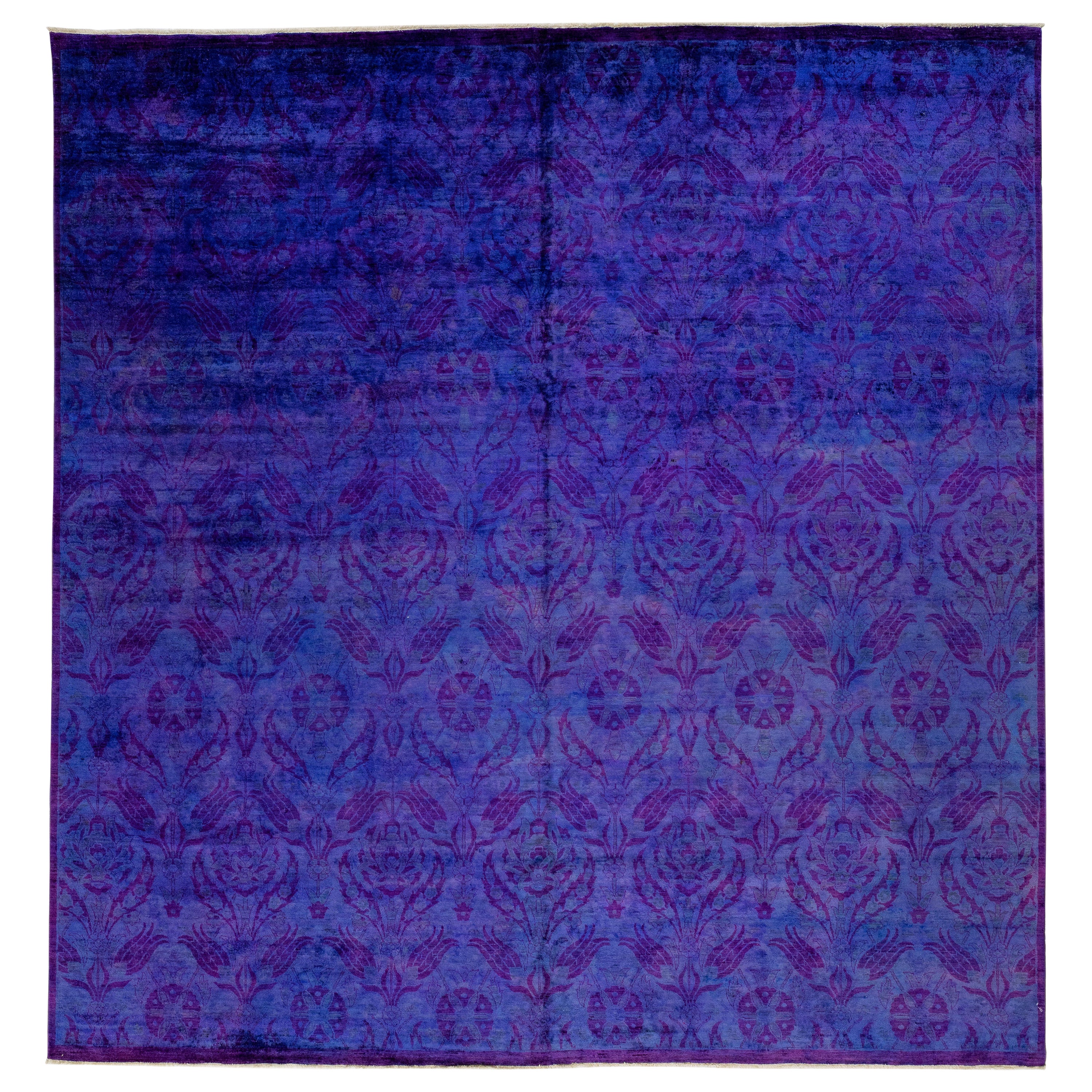 Modern Handmade Blue & Purple Square Wool Rug with Floral Pattern For Sale