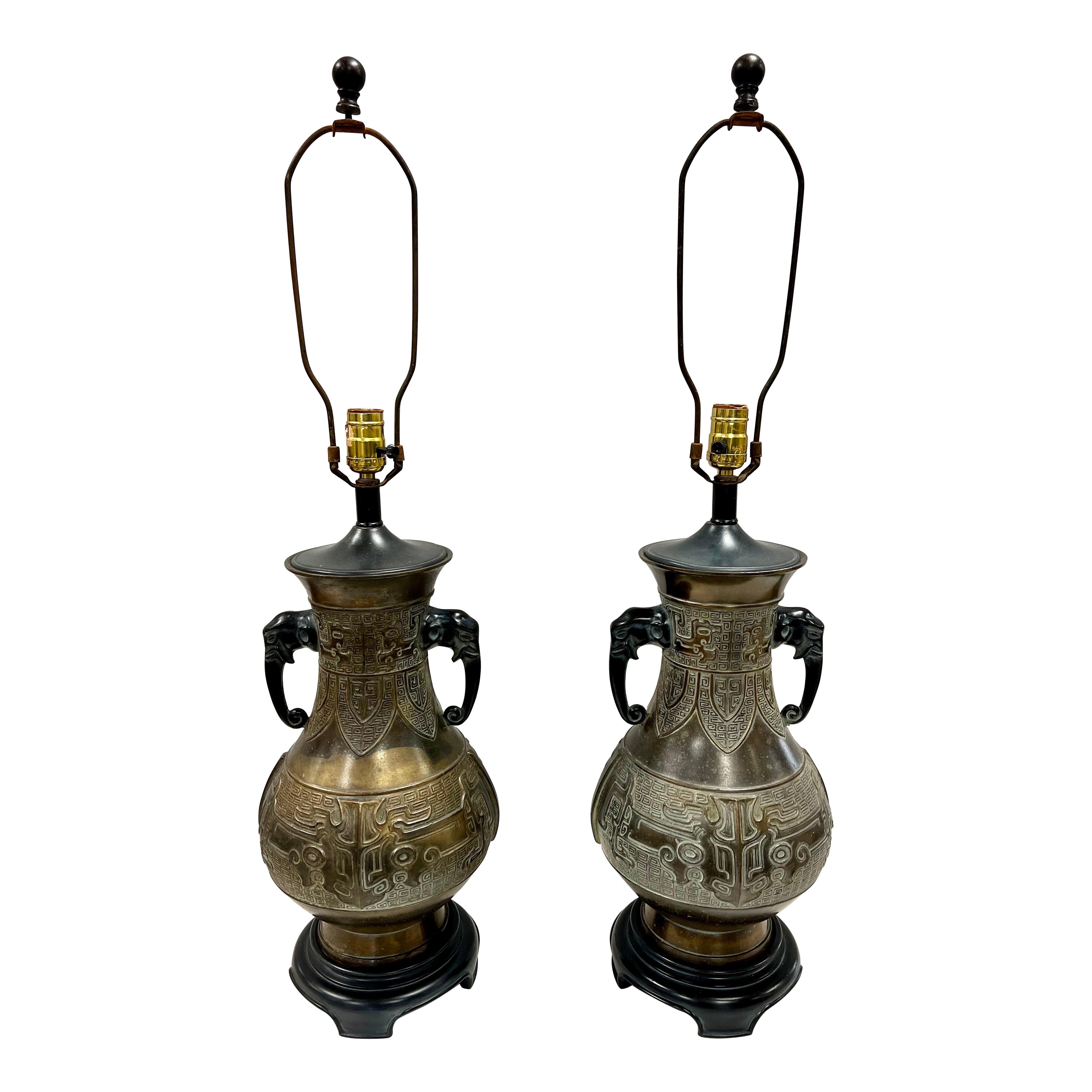 Chinese Archaistic Brass Table Lamps With Elephant Handles